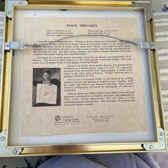 Susan Loy Art, 10x10, framed and matted Pansy/Thoughts, Literary Calligraphy Art - Picture 8 of 11